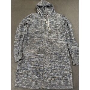 YEST Knit Sweater Full Zipper Long Pockets‎ Hooded Blue Orange Basket Weave